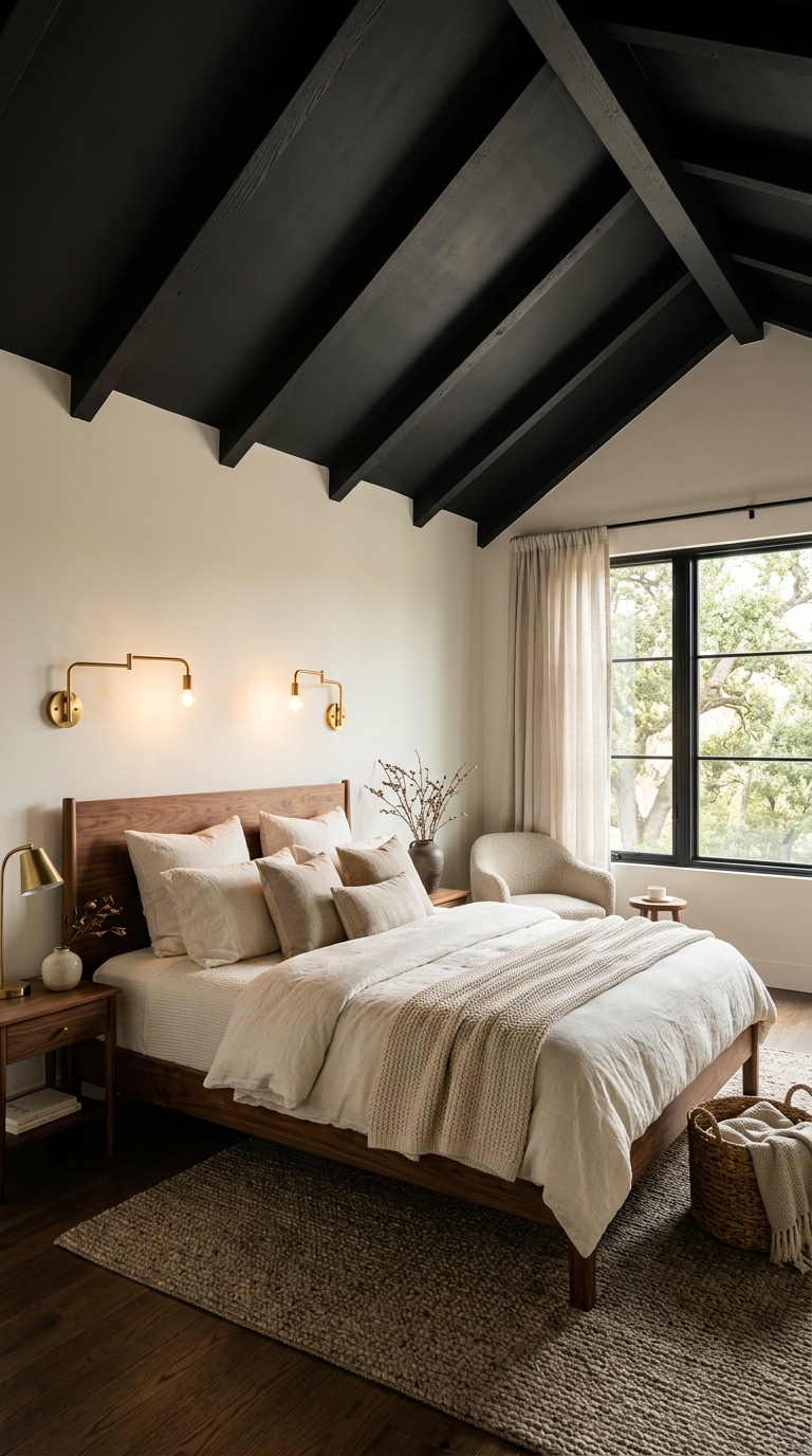 Vaulted bedroom ceiling painted charcoal black with warm walnut furniture and cozy layered bedding