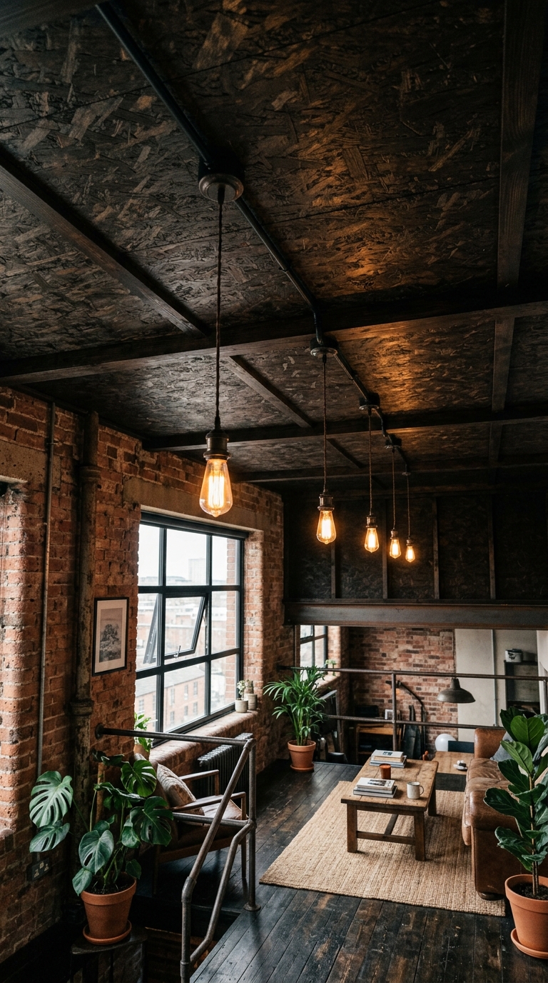 Dark stained OSB wood sheet ceiling in industrial loft