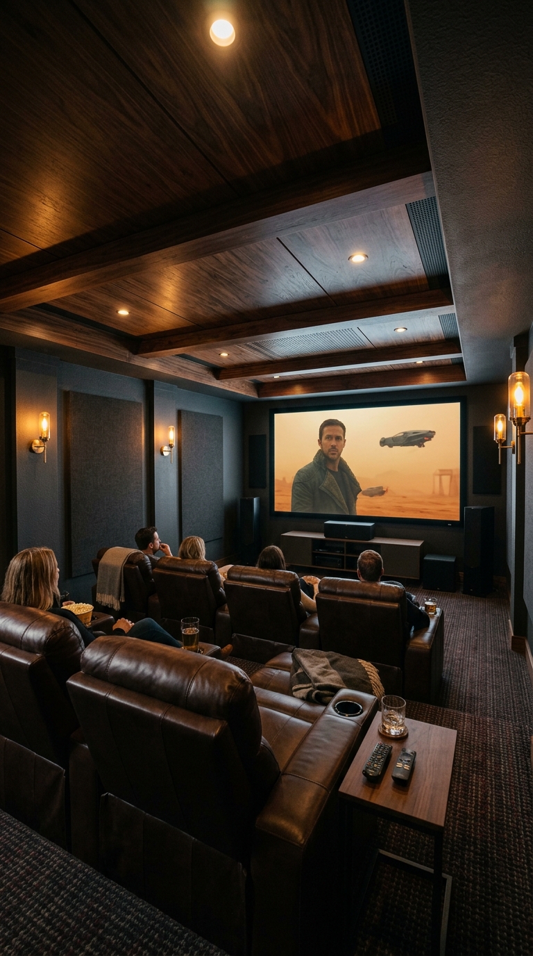 Dark walnut-stained plywood ceiling in a cozy home theater room