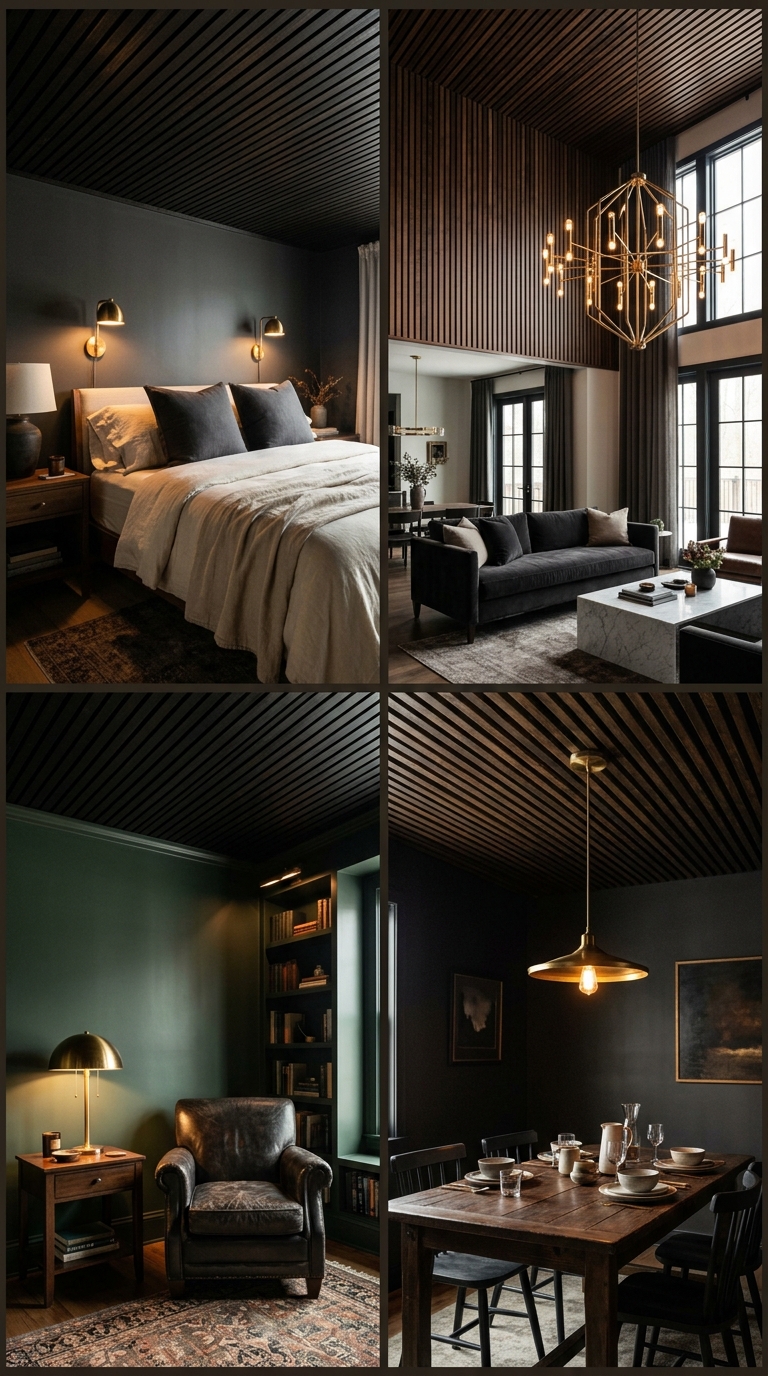 Moody bedroom featuring a dark ebony-stained wood slat ceiling paired with warm brass lighting.