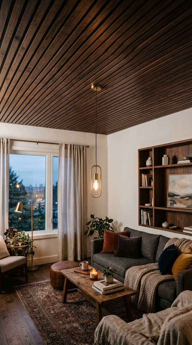 Dark walnut stained wood slat ceiling in a cozy living room