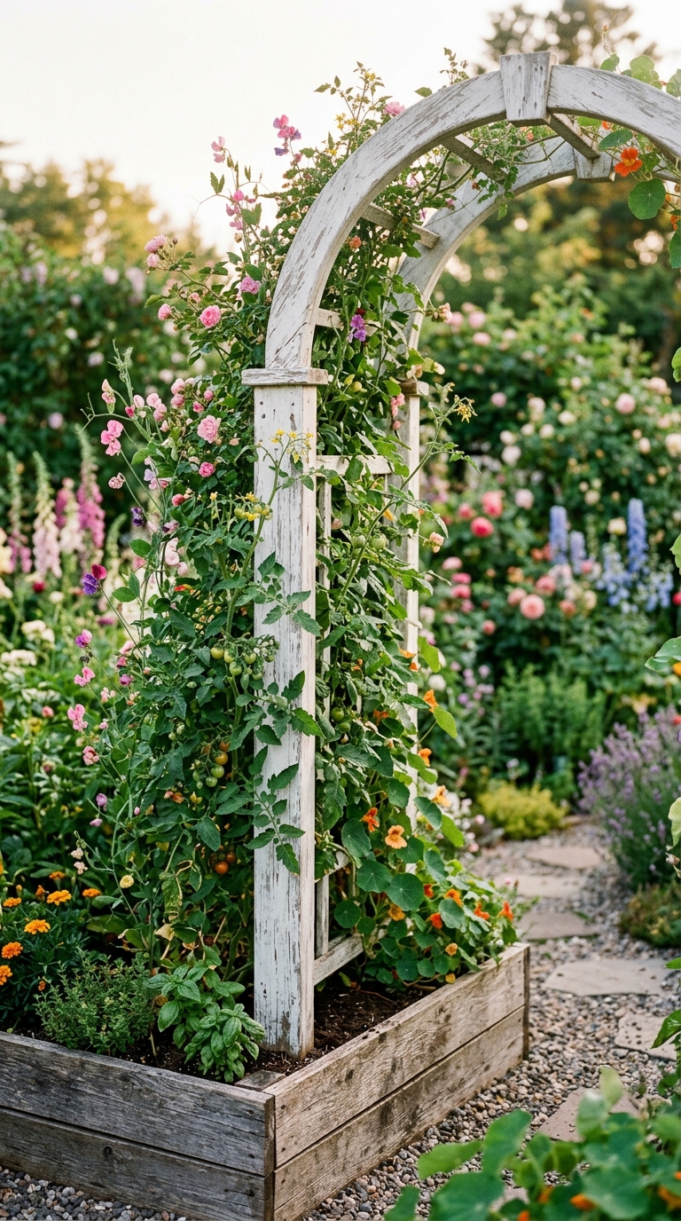 Decorative white wooden arched trellis with climbing tomato vines and flowers