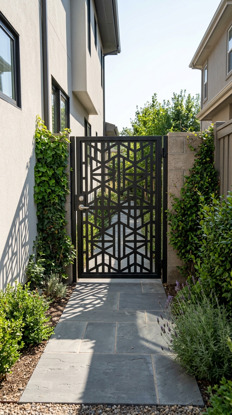 Decorative metal side yard gate idea with pattern cutouts for privacy and curb appeal