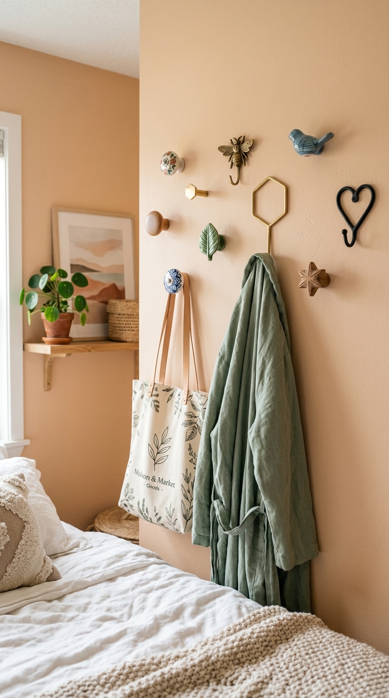 Decorative wall hook cluster for bedroom storage