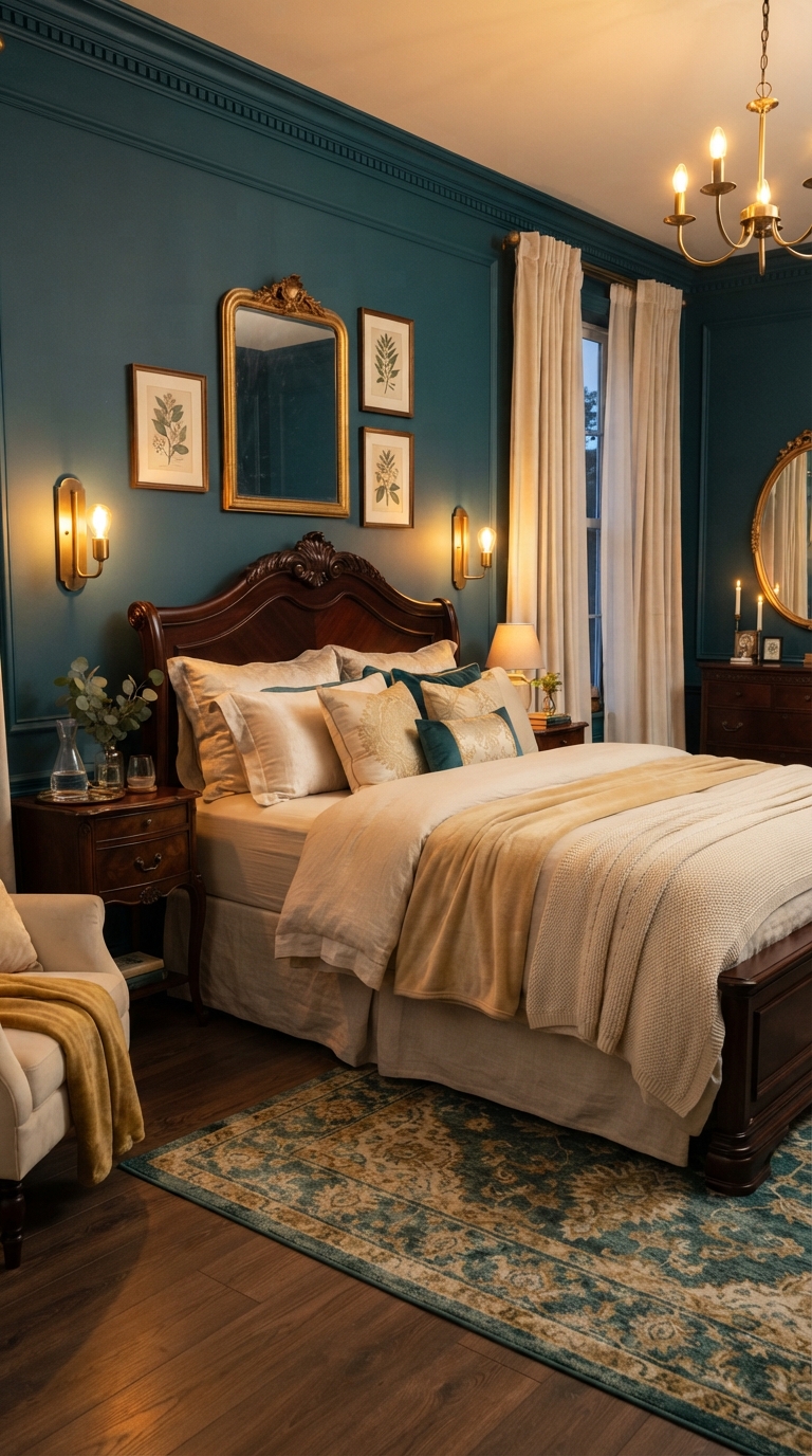 Deep teal bedroom walls paired with brass accents for a bold, romantic look