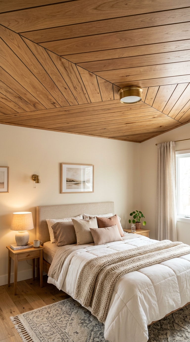 Diagonal wood plank ceiling pattern in modern bedroom