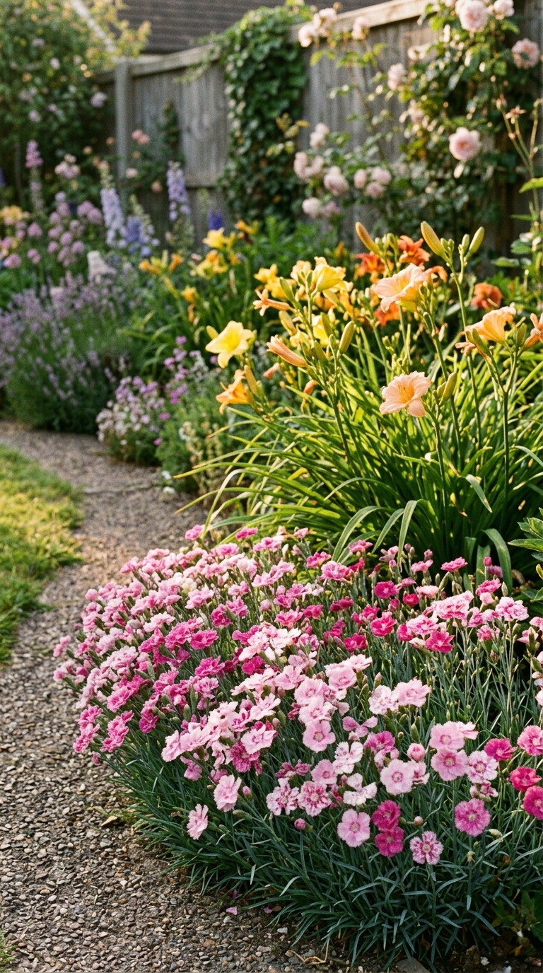 Pink dianthus planted as a fragrant edging companion to daylilies