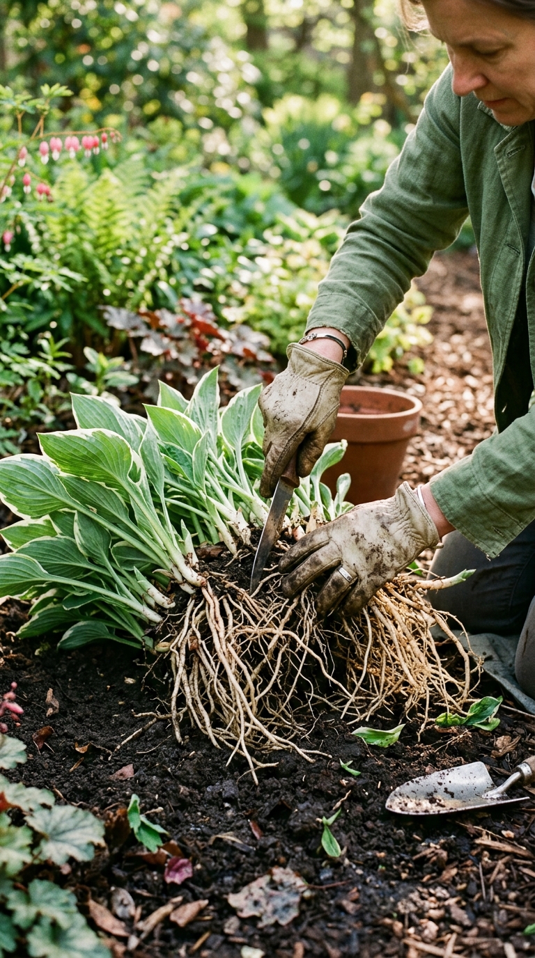 Dividing a mature hosta plant into sections in early spring