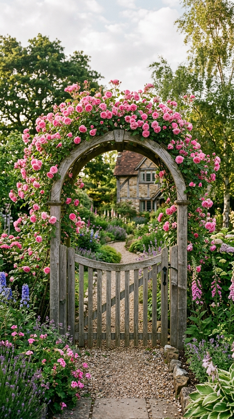 DIY arched arbor garden gate covered in climbing roses