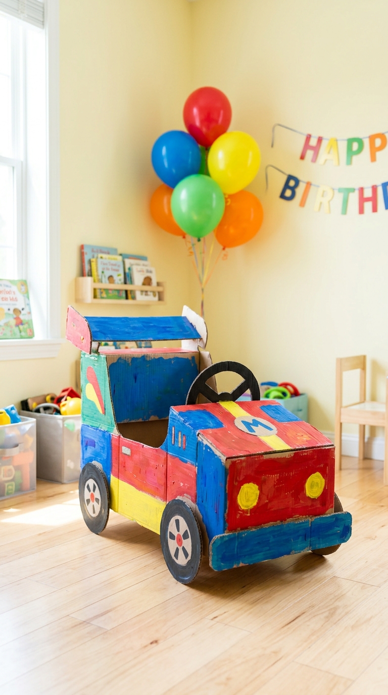 DIY cardboard kart photo booth corner in a Mario Kart themed playroom