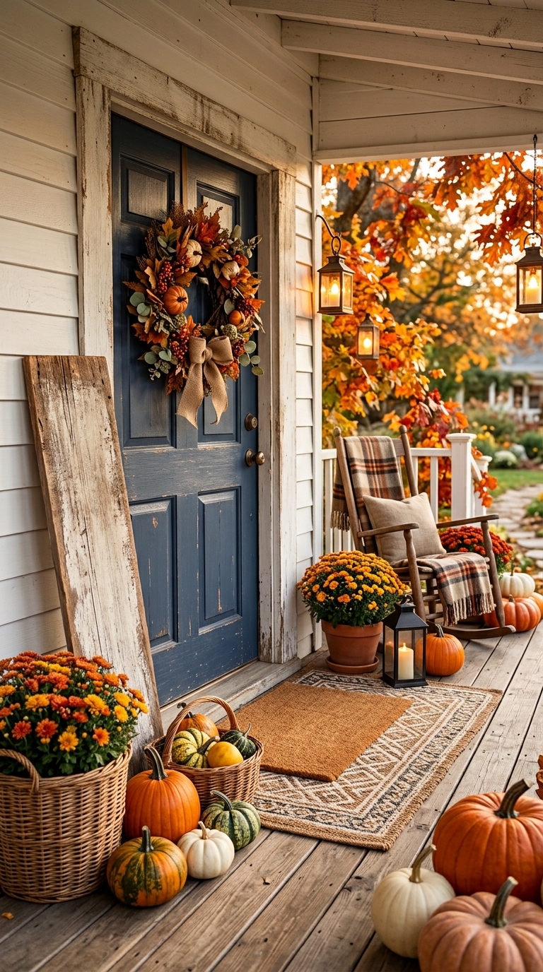 DIY chalkboard fall welcome sign leaning against a farmhouse front door