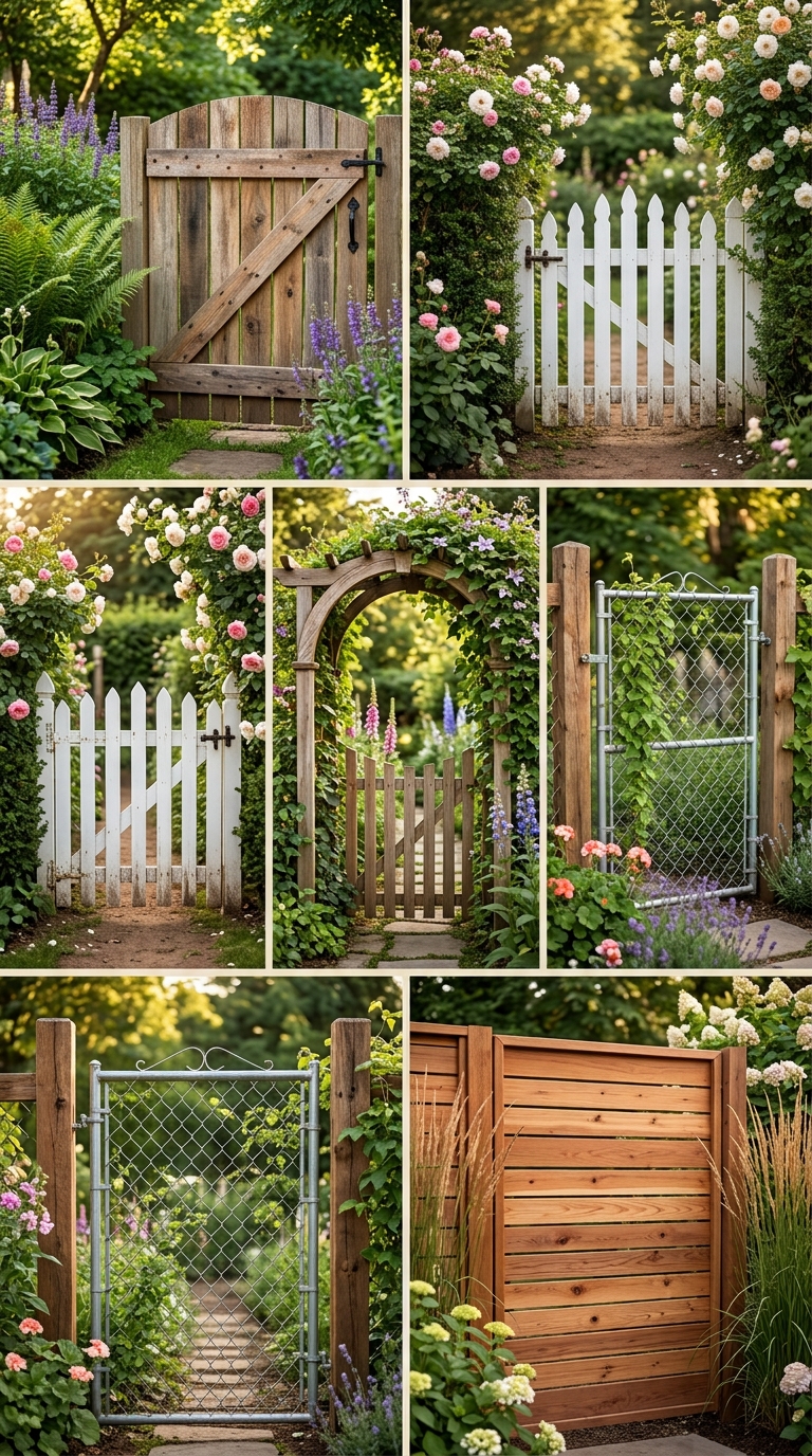 Collage of budget-friendly DIY garden gate ideas including pallet, picket, and arbor gate designs