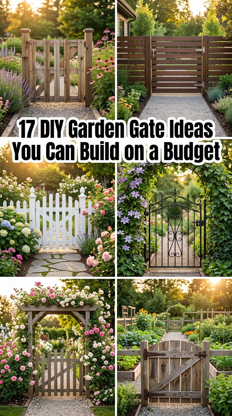 DIY garden gate ideas collage with affordable wooden and metal garden gate designs