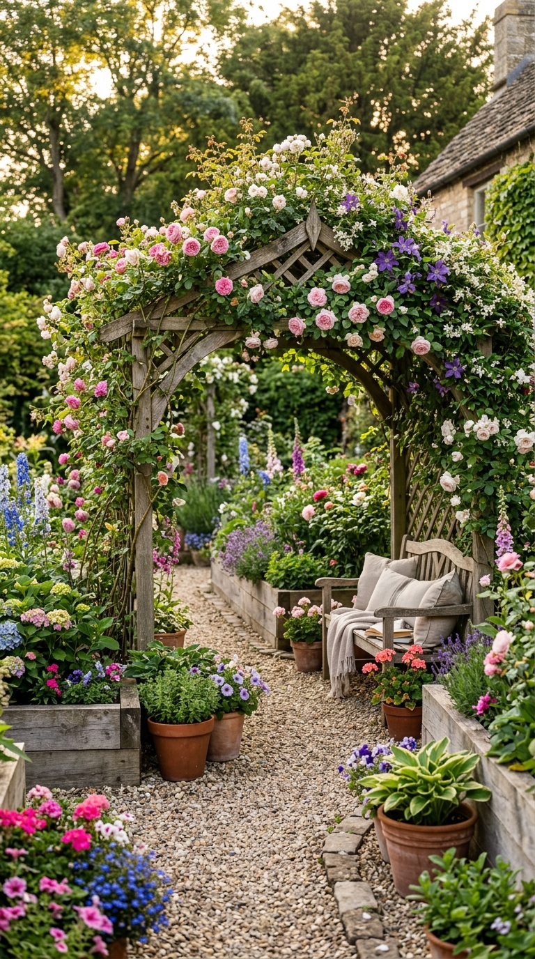 Beautiful DIY wooden garden trellis supporting colorful climbing plants in a stylish backyard garden