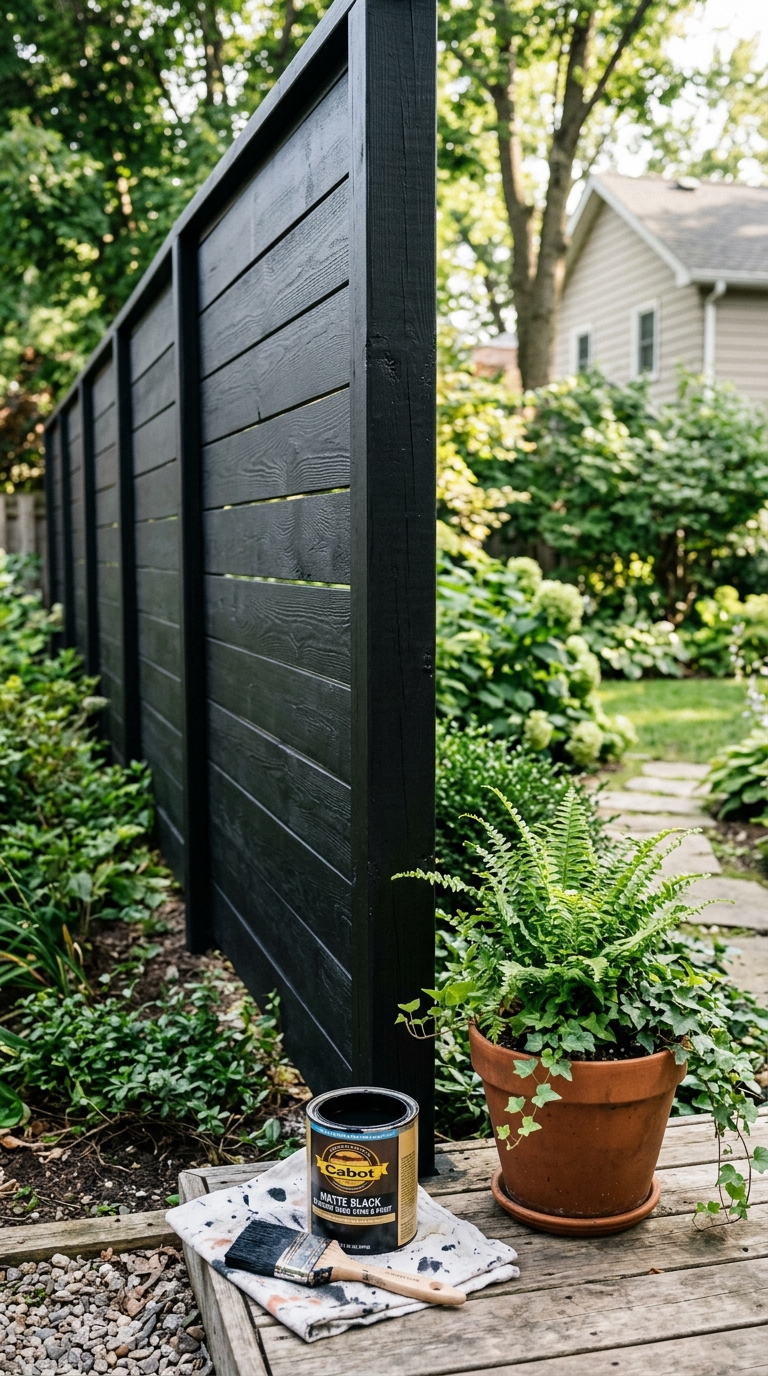 freshly painted matte black wood fence with paint can showing a DIY backyard update