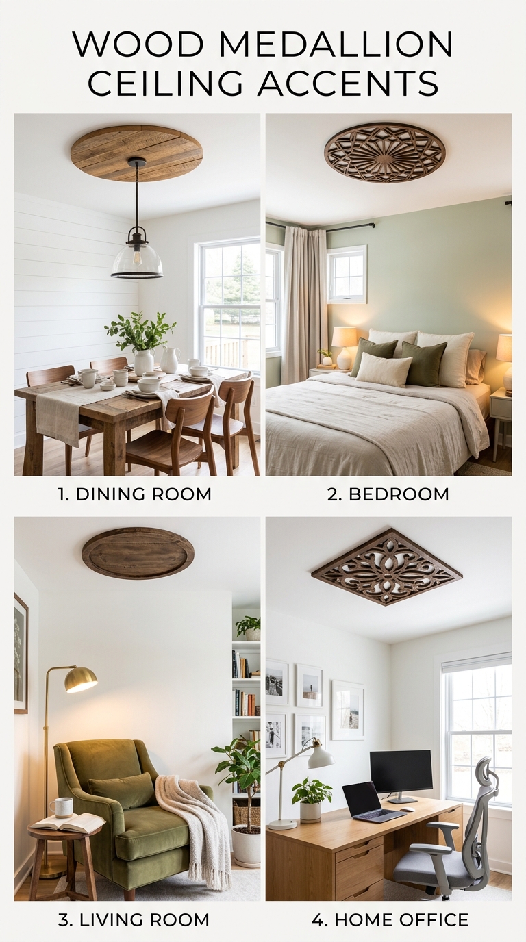 Dining room featuring a circular wood plank ceiling medallion centered above the table.