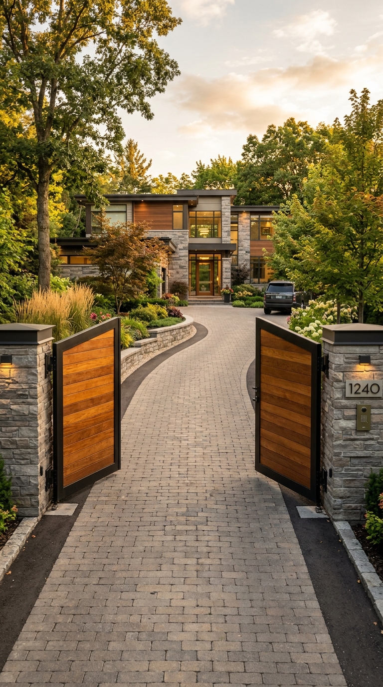 Double wood and steel swinging driveway gate