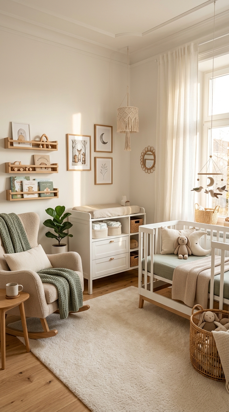 Dreamy small nursery with cozy decor and smart storage ideas.