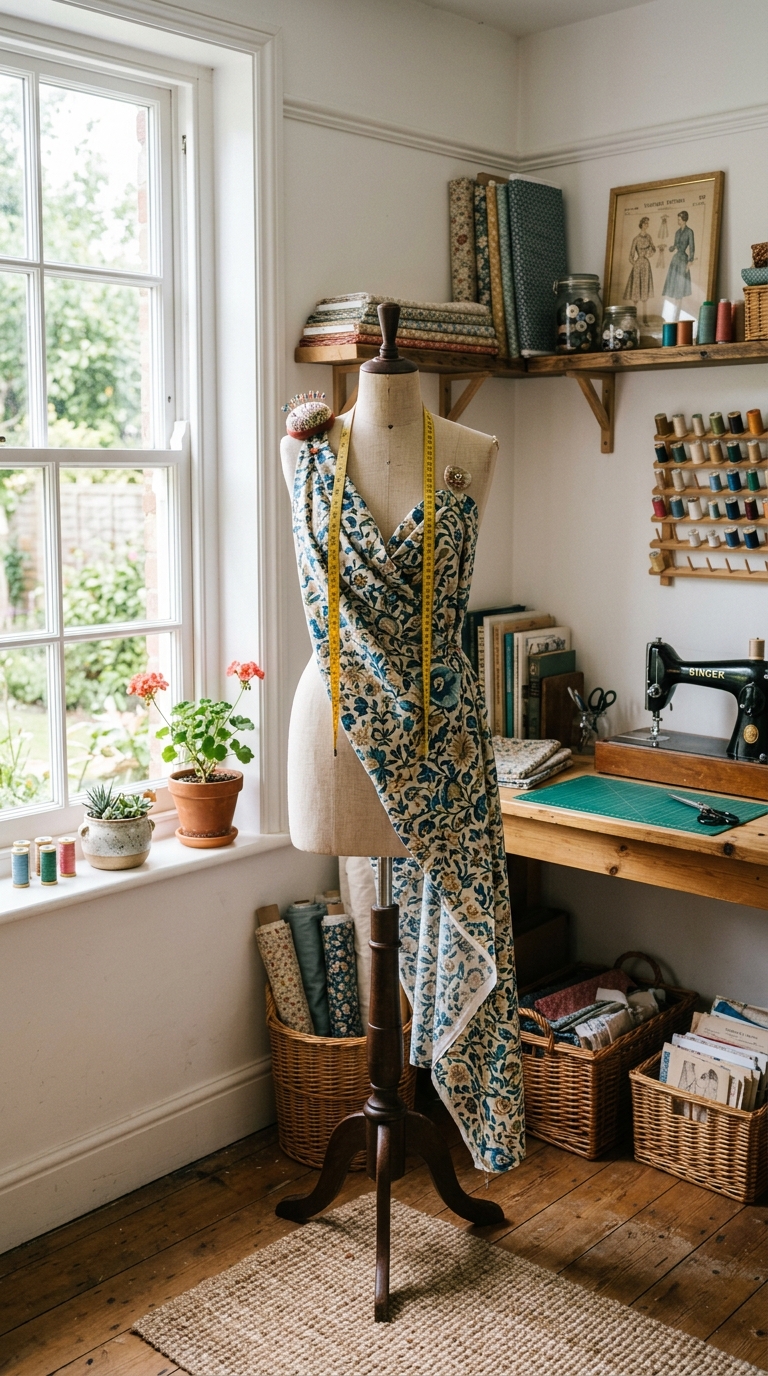 Dress form used as functional decor piece in sewing room
