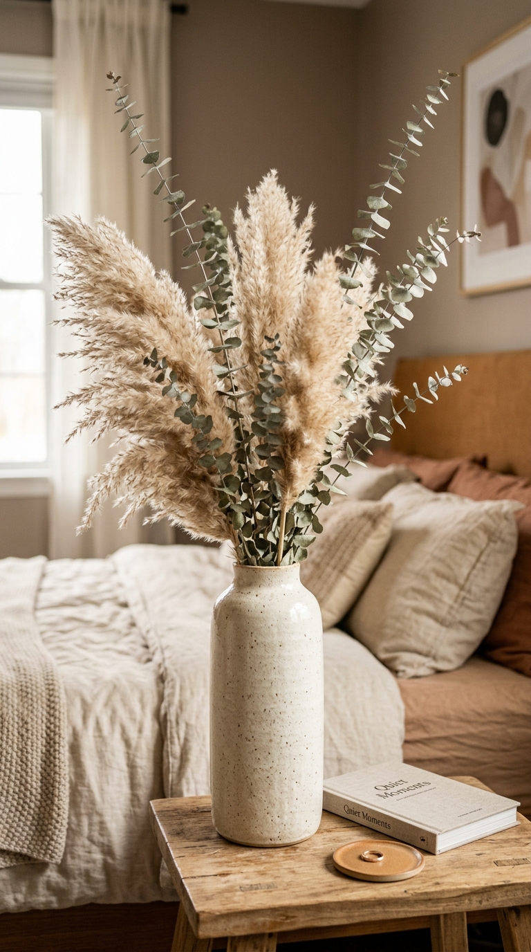 Dried pampas grass and eucalyptus arrangement styled on fall bedroom nightstand