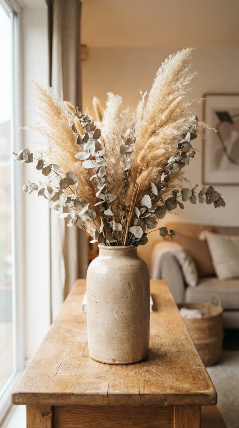 Dried pampas grass and eucalyptus arrangement in a fall living room