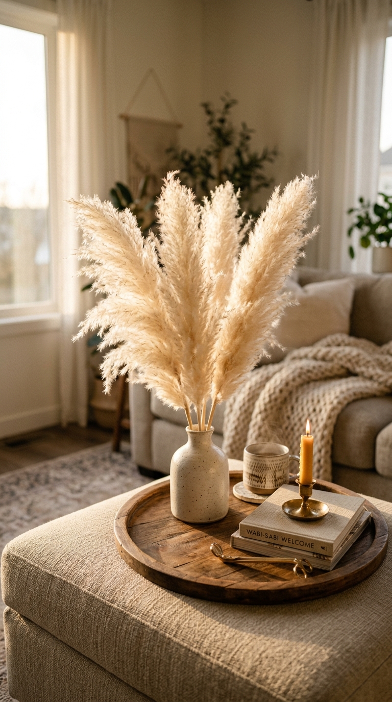 Dried pampas grass vase styled on a neutral ottoman coffee table