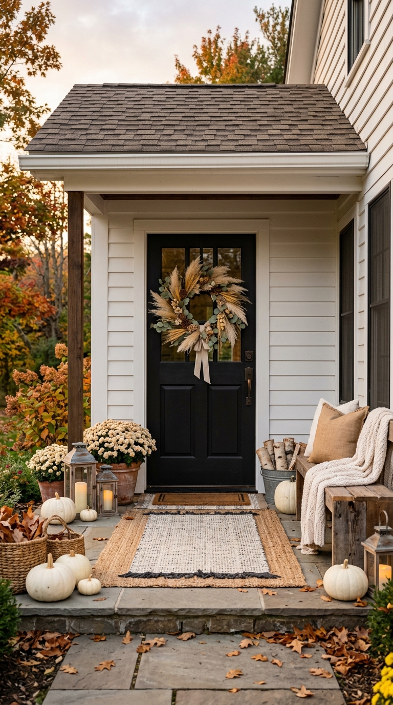 Dried wheat and pampas grass wreath on a modern farmhouse front door