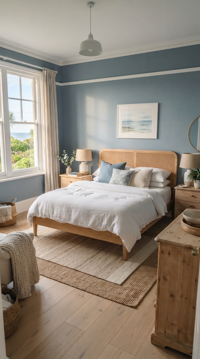 Dusty blue bedroom walls promoting a calm, restful sleep environment