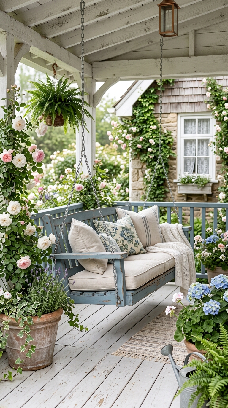Dusty blue porch swing styled for a soft cottage-style front porch