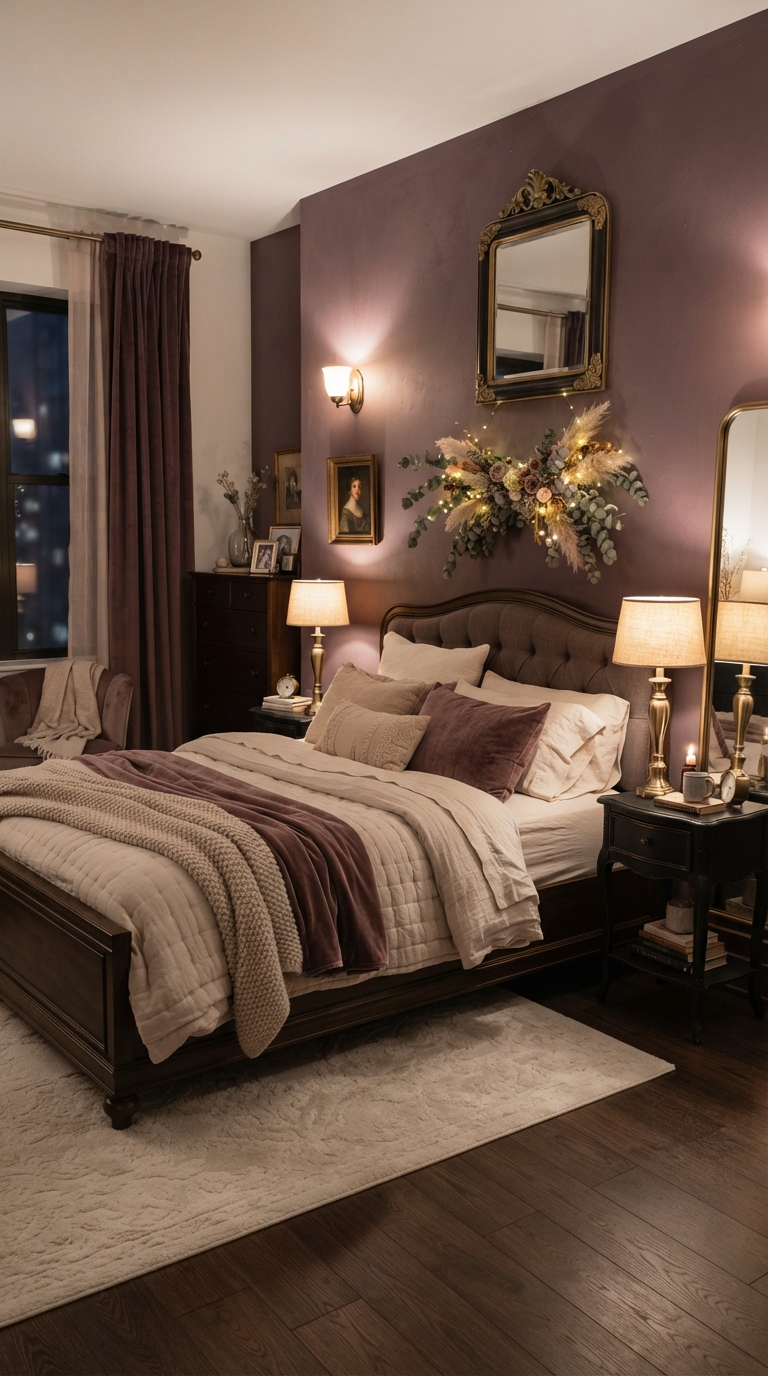 Dusty plum accent wall adding rich, romantic depth to a bedroom