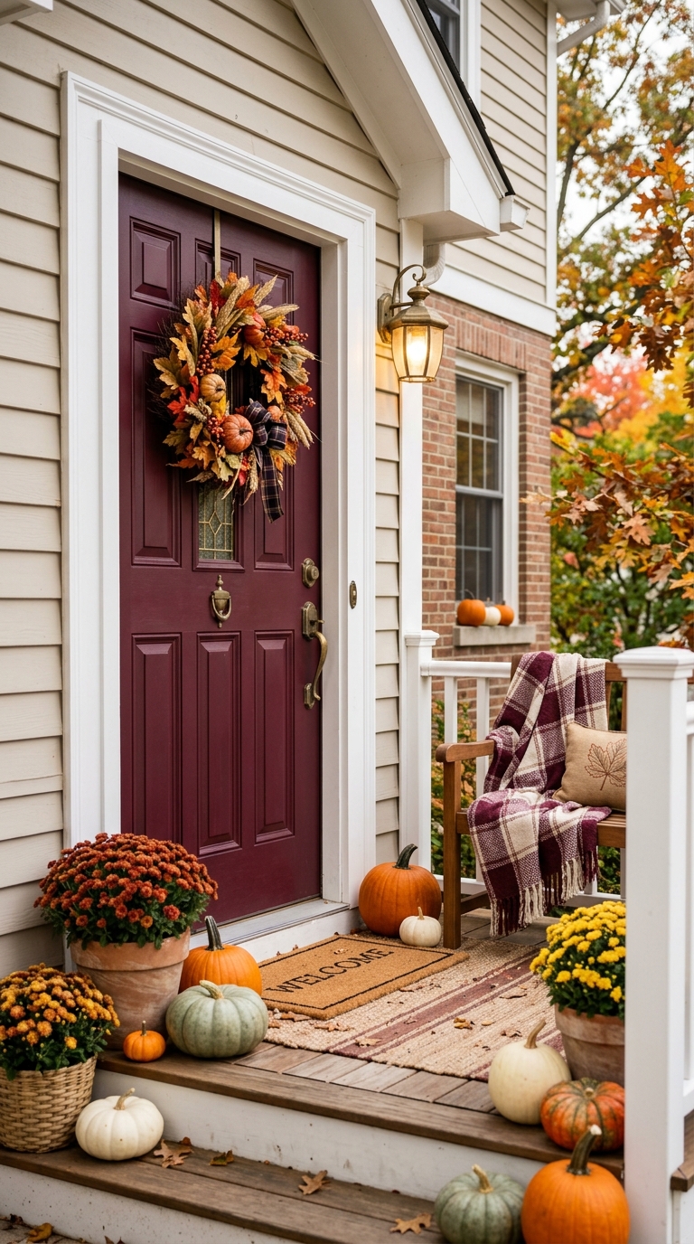 Elegant front door styling for a small fall front porch entrance.