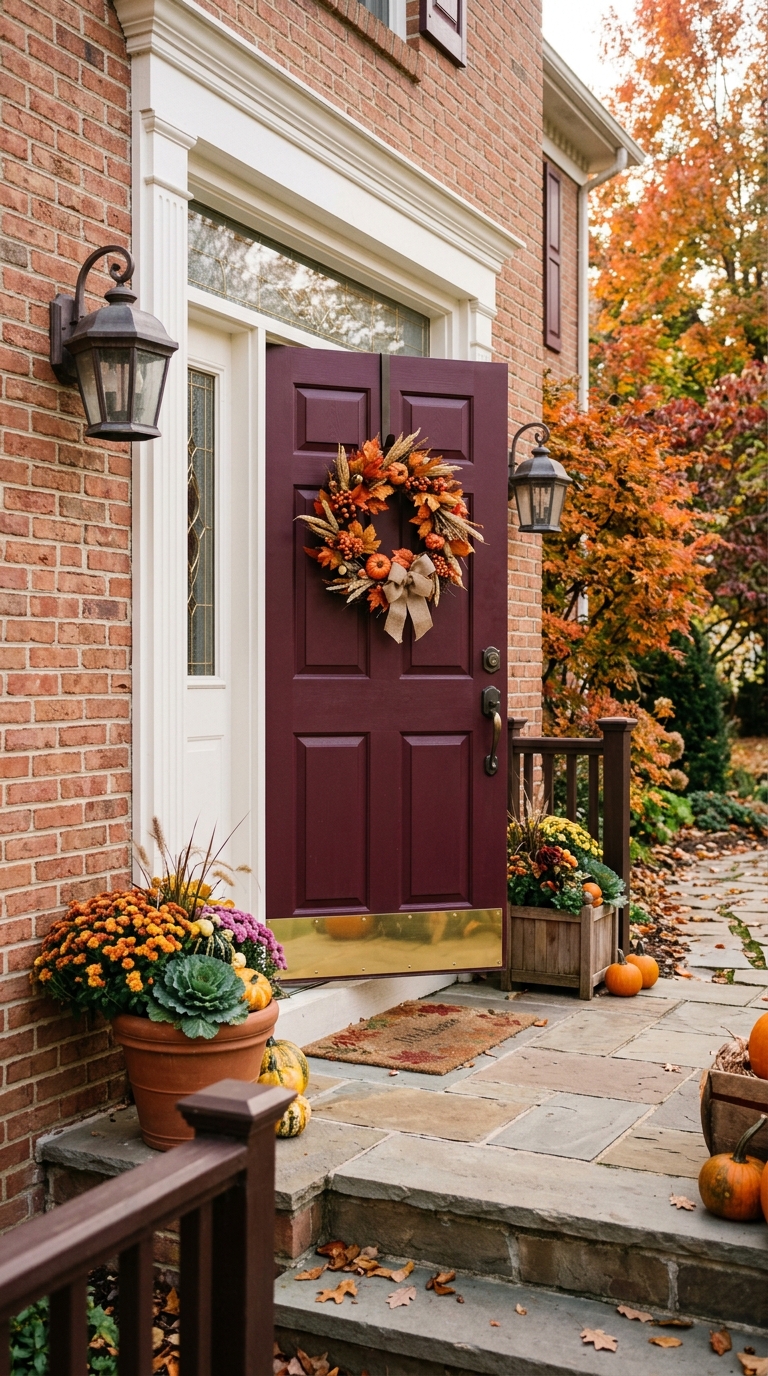 Burgundy front door with seasonal hanger styled for fall curb appeal.