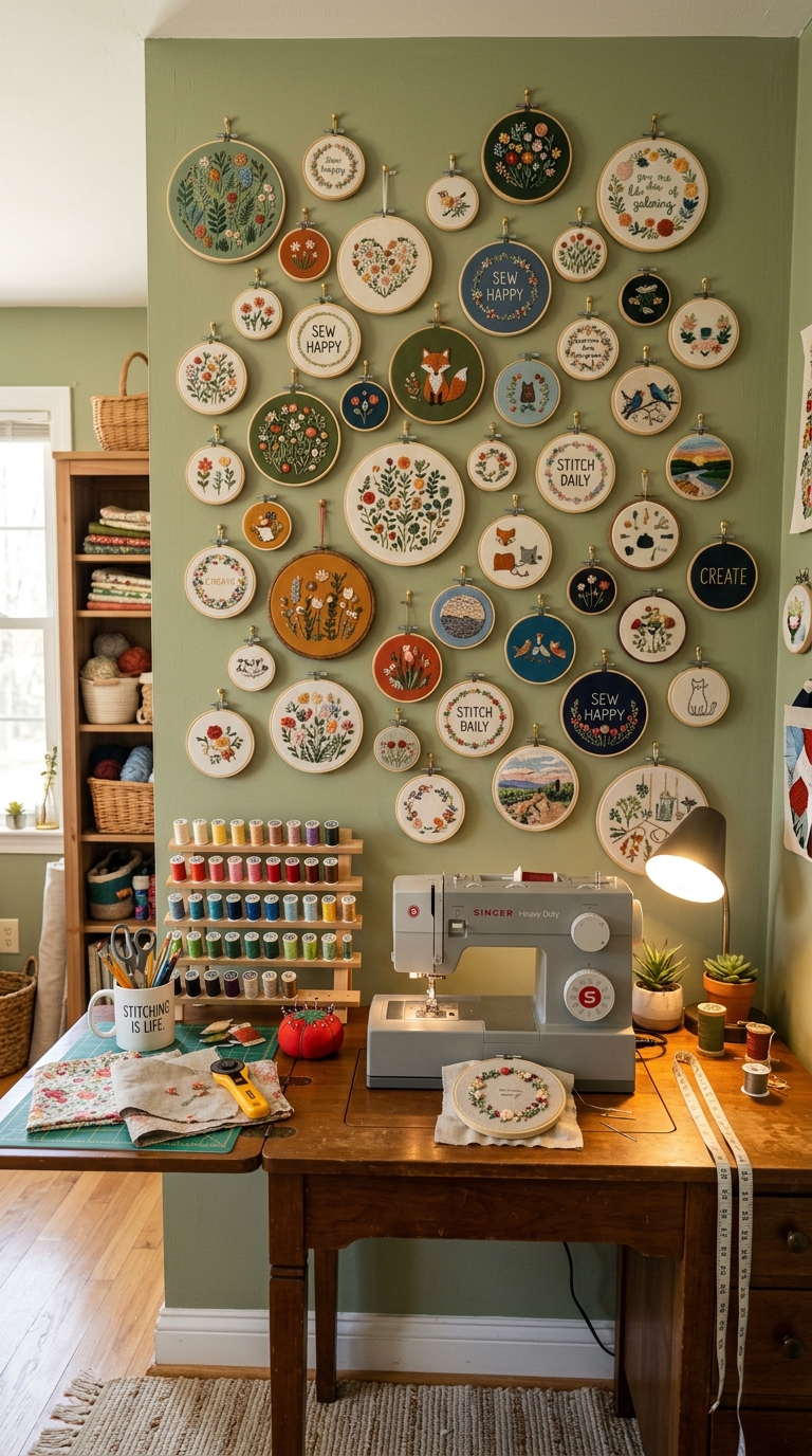 Embroidery hoop wall art gallery display in craft room