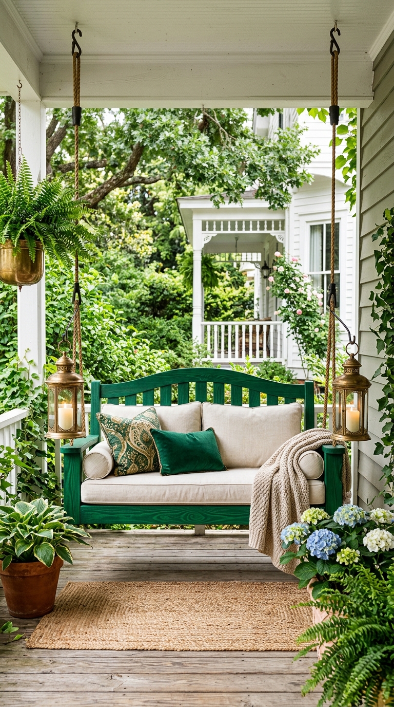 Emerald green porch swing styled with brass accents for a bold front porch