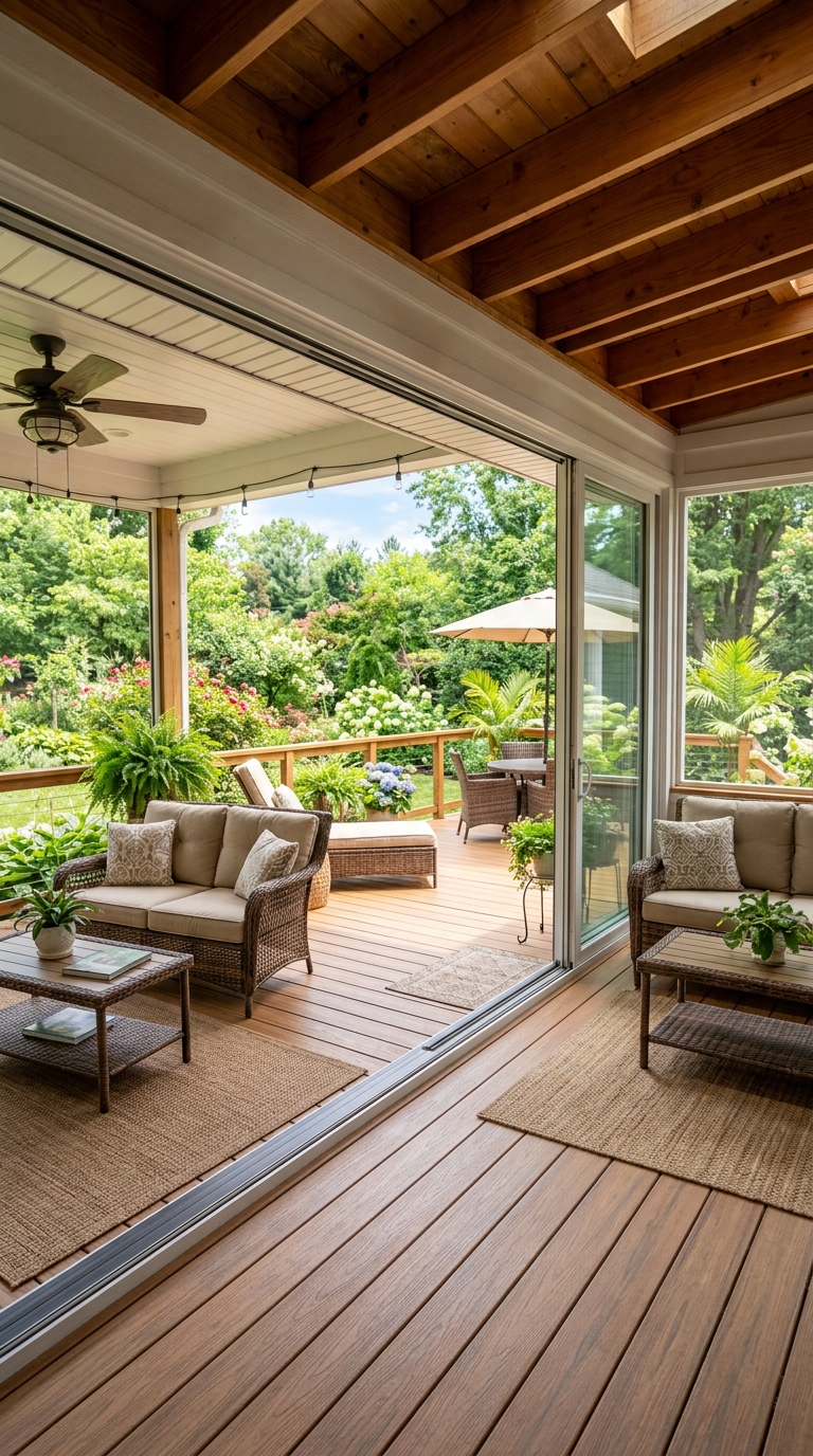 Enclosed porch to deck flow idea with matching flooring and glass doors