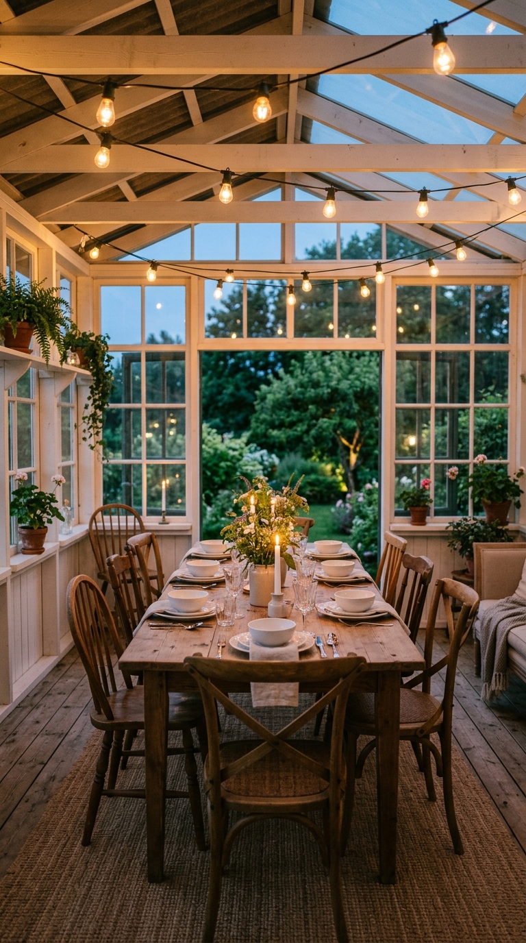 Enclosed porch dining room idea with farmhouse table and string lights