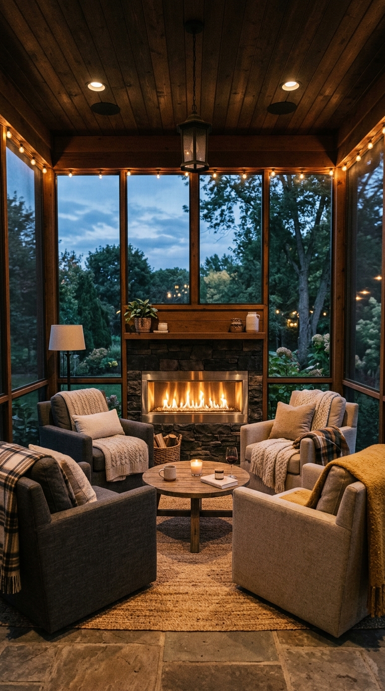 Enclosed porch idea with fireplace feature and cozy seating