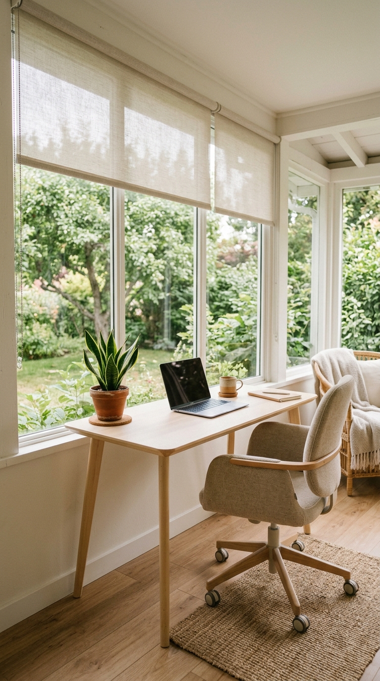 Enclosed porch home office idea with birch desk and natural light