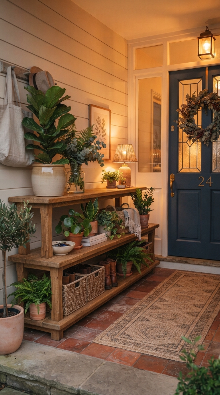 Multi-level wooden plant bench shelf styled at a home entryway