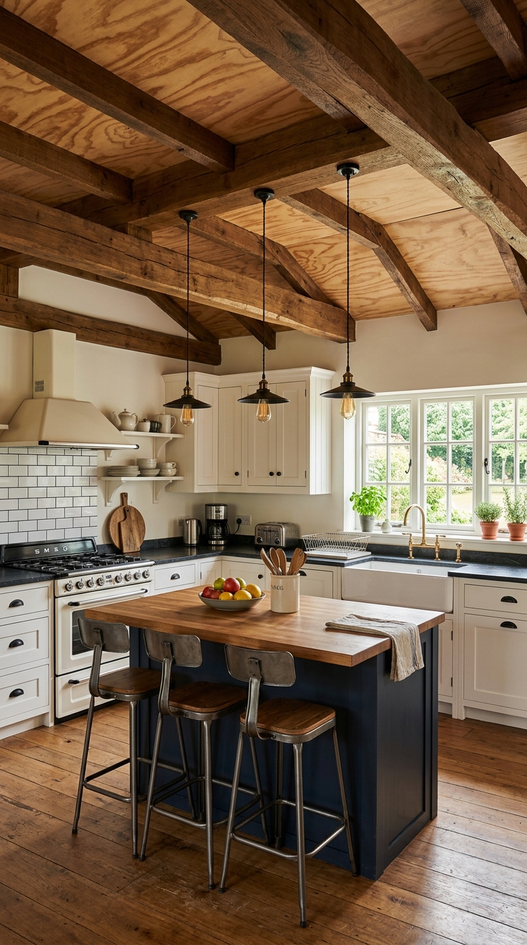 Plywood ceiling paired with exposed wooden beams in a farmhouse kitchen