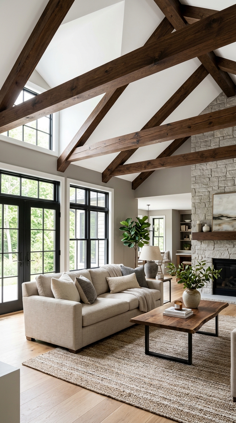 Dark wood exposed beams on a white vaulted ceiling in a living room