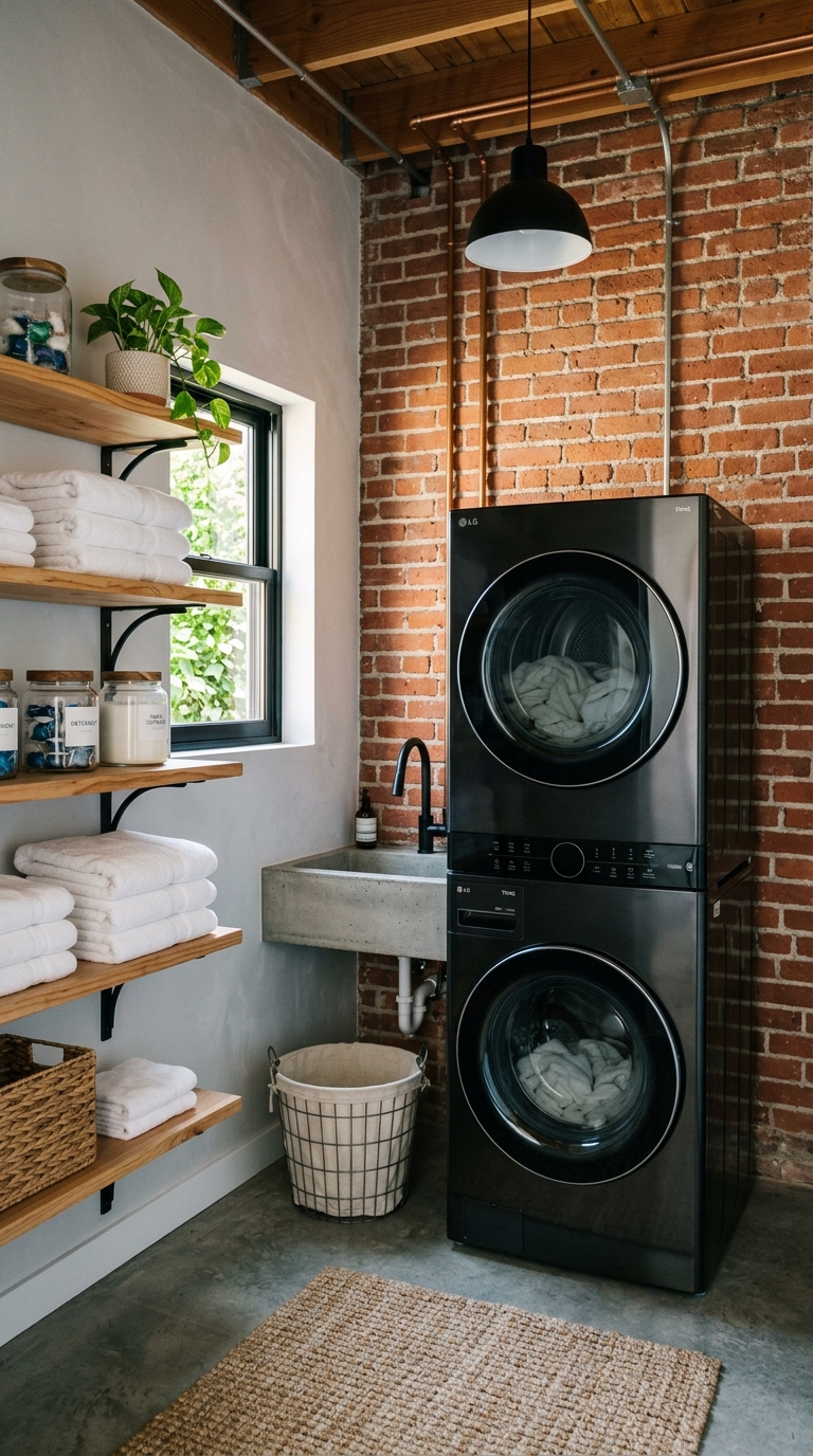 Industrial laundry room idea with exposed brick accent wall