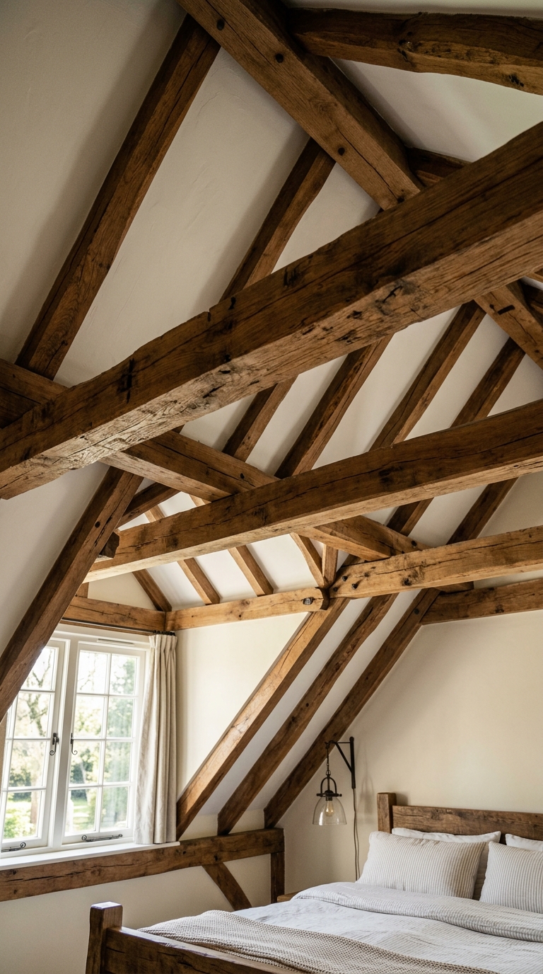 Exposed wood beam ceiling accent in a farmhouse bedroom