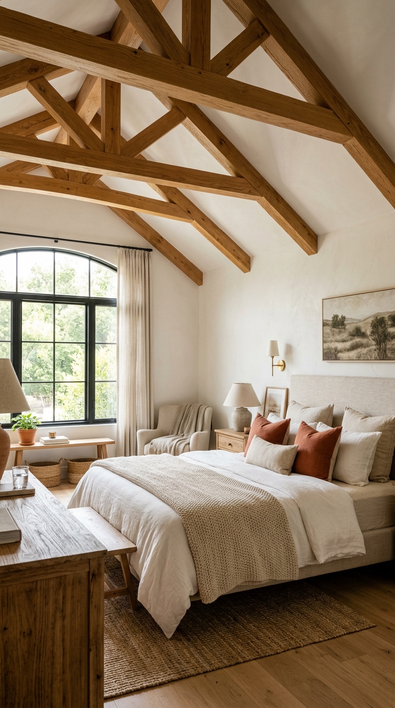 Exposed honey wood beams across a vaulted bedroom ceiling with soft white walls and terracotta accents
