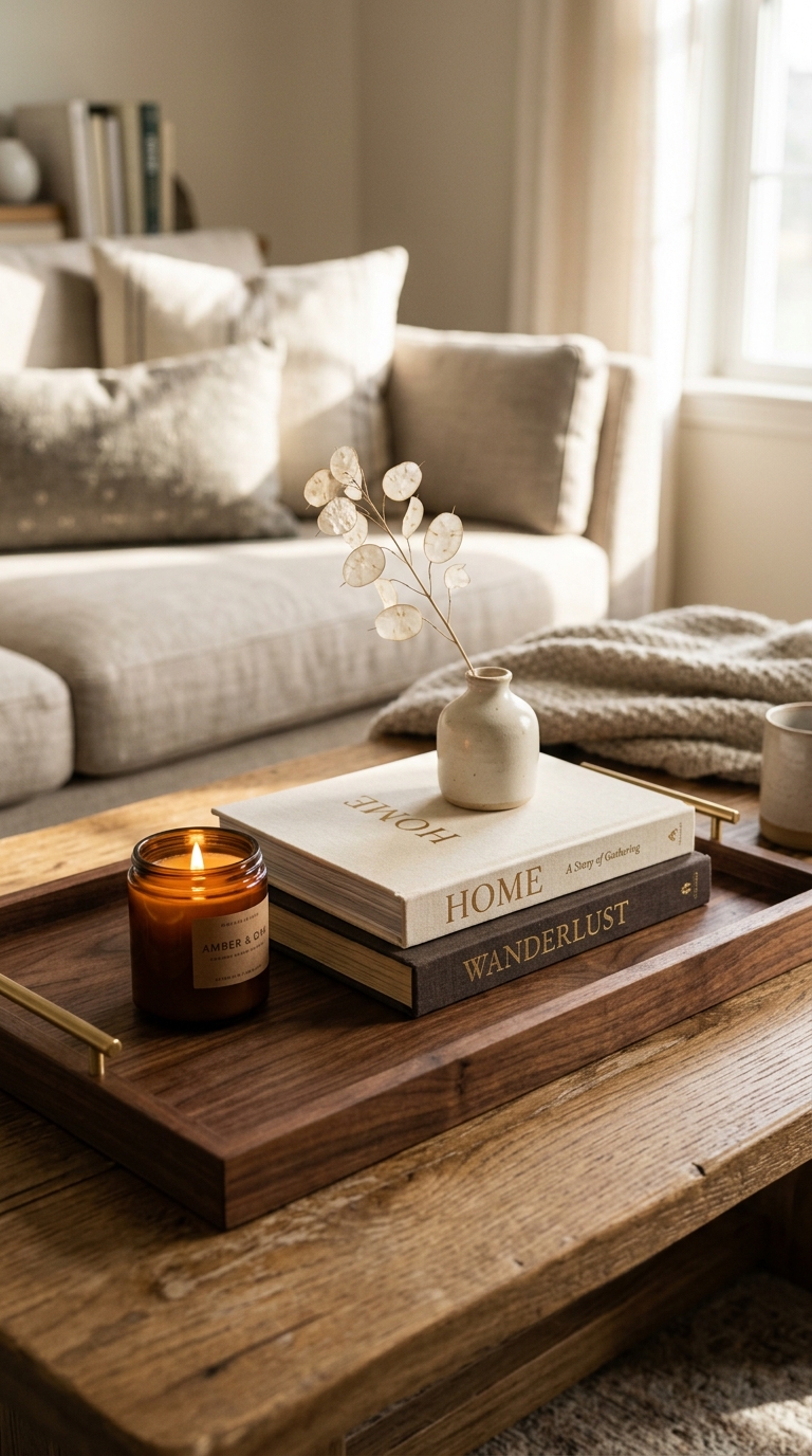 Styled fall coffee table tray with candle and stacked books