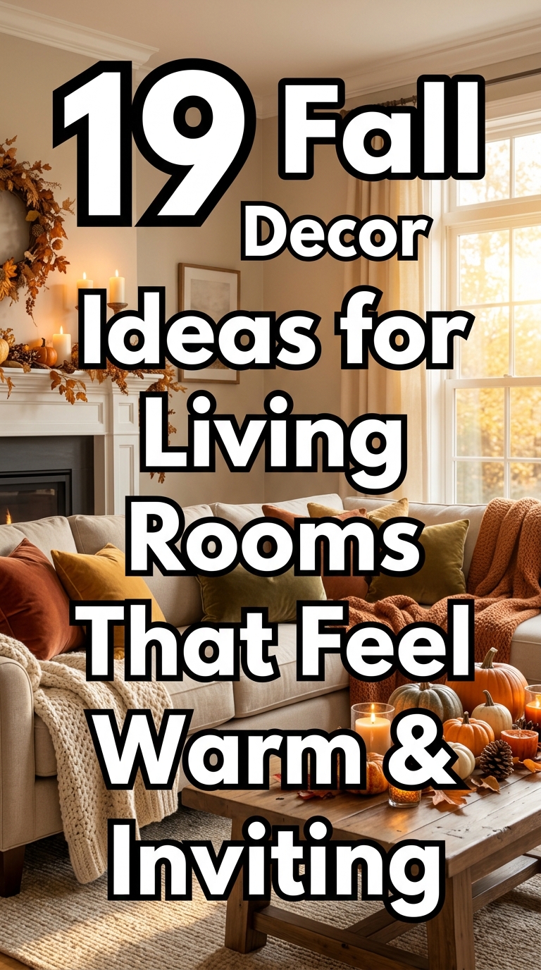 Cozy fall living room decorated with pumpkins, warm throw blankets, autumn leaves, candles, and elegant seasonal decor in a modern farmhouse style.