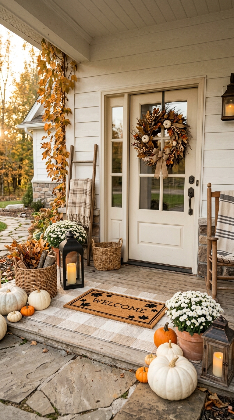Neutral fall-themed doormat layered at a farmhouse front entry