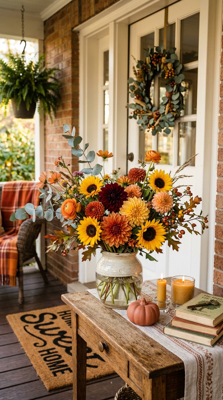 Fall florals with dahlias and sunflowers styled on porch entry table.