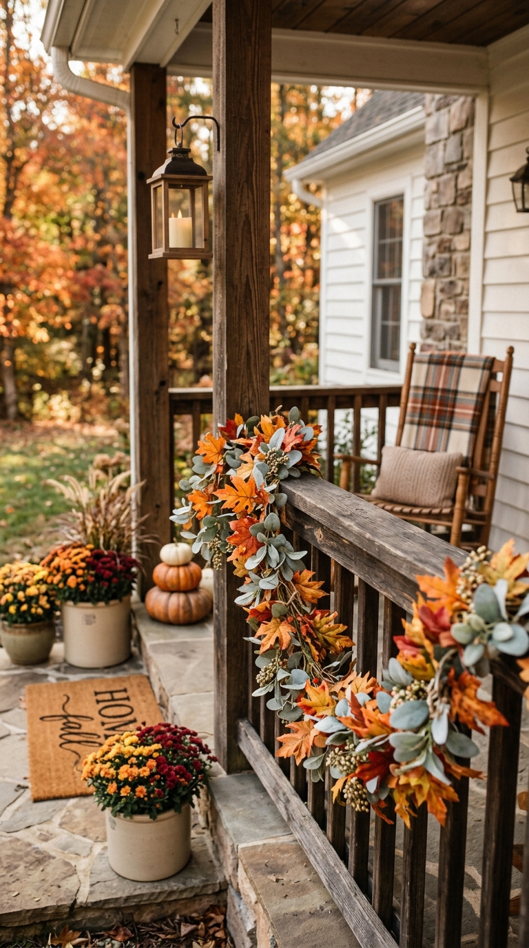 Maple leaf and eucalyptus garland draped along a porch railing for fall decor.