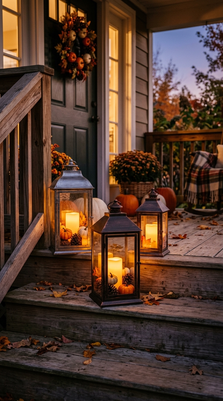 Glass lanterns with candles and mini pumpkins styled on porch steps for fall evening decor.